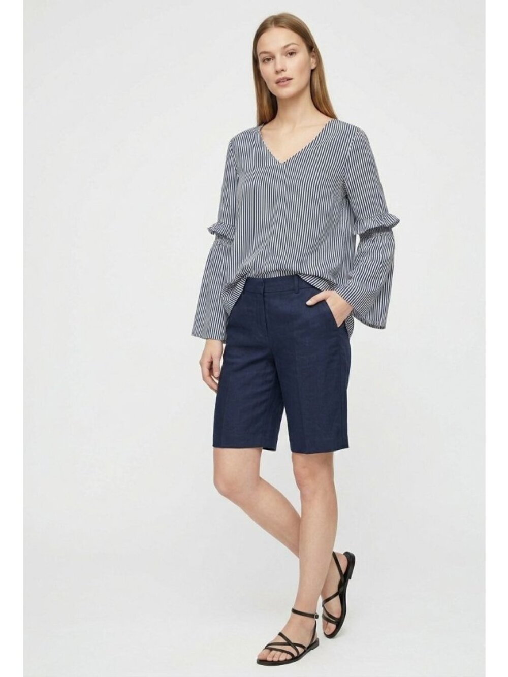 LOFT Striped Ruffle Sleeve Blouse Navy & White S